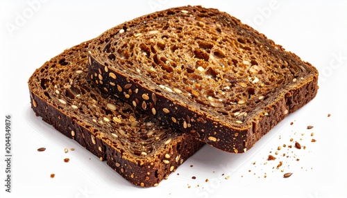 Two slices of seeded dark bread with visible texture and crumbs, symbolizing wholesome nutrition, artisanal baking, and healthy food choices.