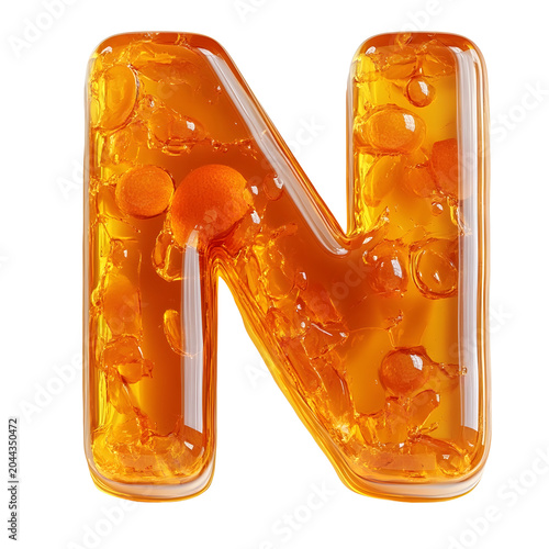 Letter N features a bold structural design crafted from honey-colored synthetic material with air pockets trapped inside.