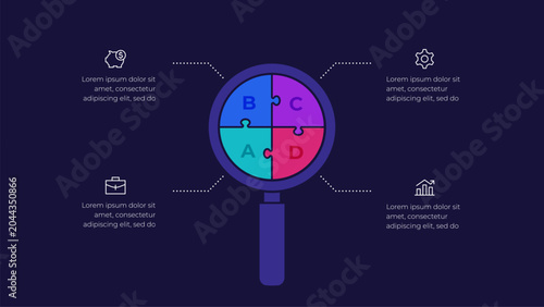 Four Section Magnifying Glass Puzzle Analysis Infographic for Business Research and Strategy on Dark Background