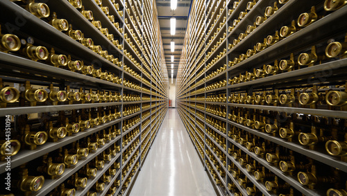 Foto Long narrow aisle in an industrial facility lined with tall metal shelving units