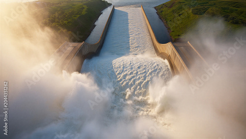Fotografie Aerial view of a massive dam spillway releasing a powerful torrent of water, cre