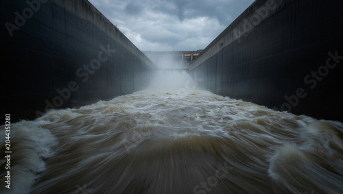Photos Powerful rush of water flowing through a concrete dam spillway under a cloudy, o