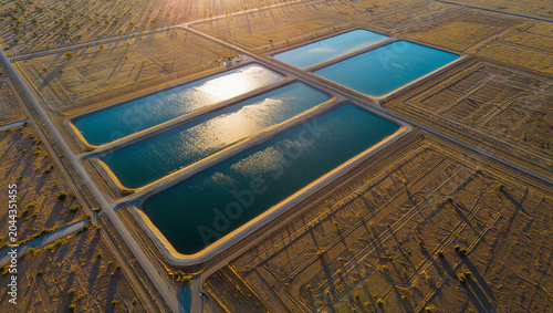 Quadro su tela Aerial view of rectangular water reservoirs in a dry arid landscape with golden