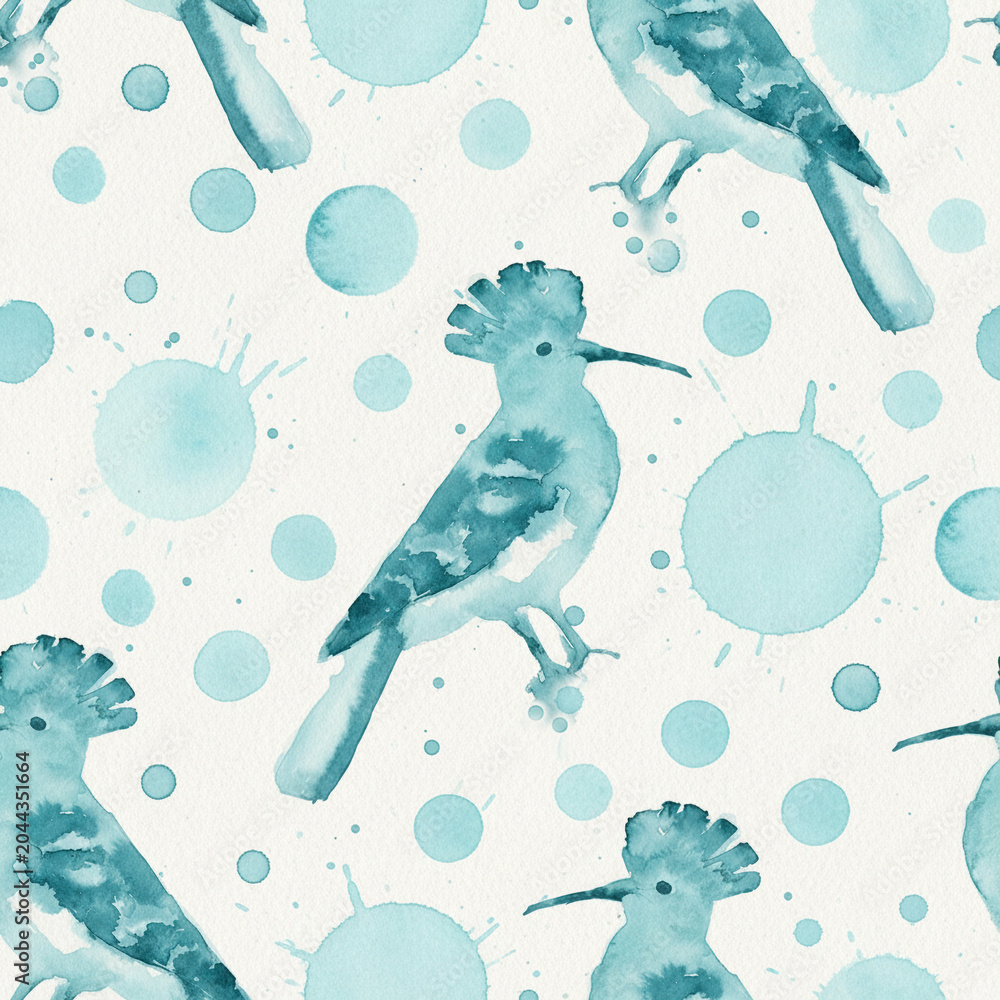 Obraz premium Colorful Hoopoe Bird Watercolor Seamless Pattern Dark