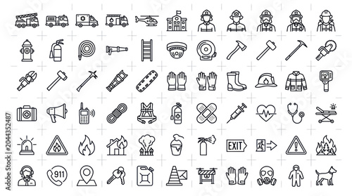 Schilderij op canvas Firefighter Equipment and Safety Icons Set
