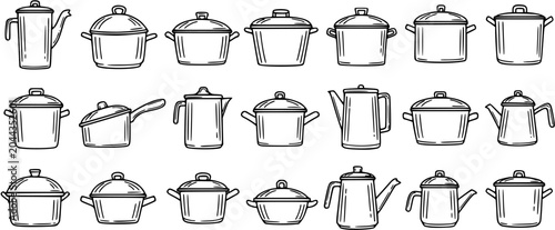 Schilderij op canvas Hand-drawn Black and White Line Art Set of Cooking Pots, Pans, and Kettles