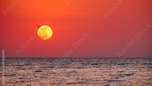 Fotografija Full moon rising over the sea at sunset with flying defocused birds silhouette a