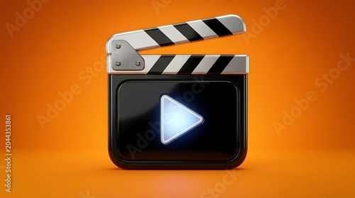 3D Video Play Button Clapperboard Icon on Vibrant Orange Background