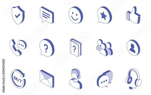 Isometric customer service and technical support blue icon set