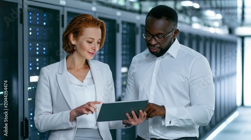 IT specialists collaborating  using a tablet to review server metrics and network operations in a modern data facility