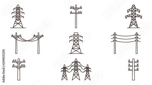 Foto Set of various electricity pylon and pole designs.