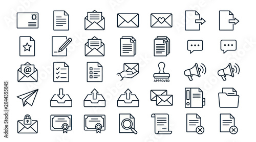 Email and Document Icons Set: Communication, Data, and Workflow Icons