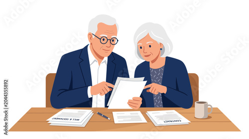 Elderly Couple Reviewing Documents Together at Table