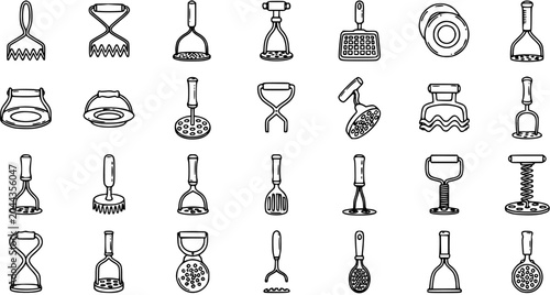 Billede på lærred Kitchen Potato Mashers Line Art Icons Set