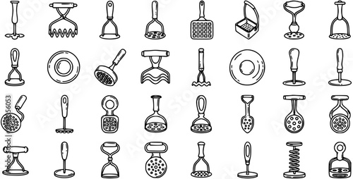 Obraz na płótnie Kitchen Food Mashers and Presses Line Art Icons Set