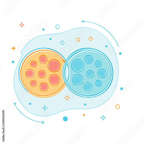 Flat design illustration of two petri dishes with cells
