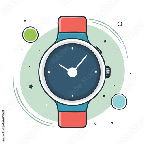 Flat design wristwatch with red and blue strap