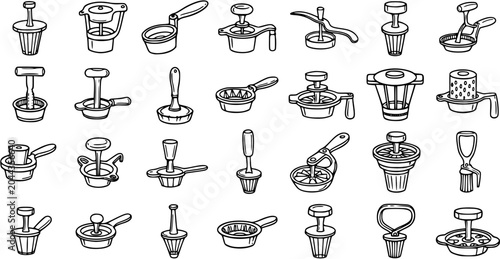 Bild auf Leinwand Food Industry Kitchen Tools Doodles Black and White Line Art Icon Set featuring