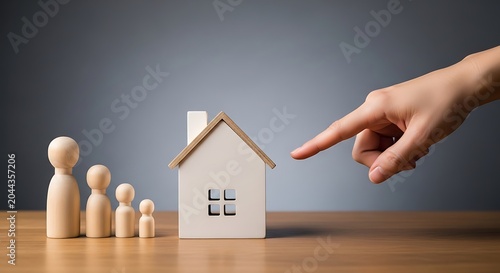 Wooden family figures and toy house with hand pointing at house on wooden table home real estate property