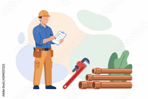 Professional male plumber checking safety checklist with equipment