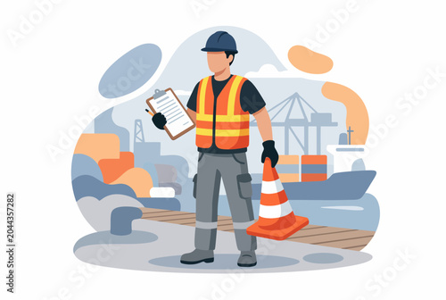Female Safety Inspector at Port with Checklist and Traffic Cone
