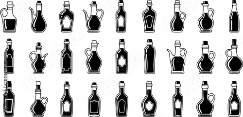 Tableau sur toile Black and White Glyph Icon Set of Oil and Vinegar Bottles, Cruets, and Decanters