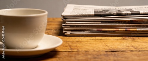 Morning Coffee and Newspaper Stack on a Rustic Wooden Table for a Daily News Reading Routine