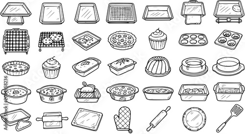 Cuadro en lienzo Black and White Line Art Icons of Baking Utensils and Bakeware for Culinary Indu