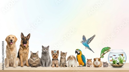 Various domestic animals including dogs, cats, birds, and fish arranged on a wooden surface