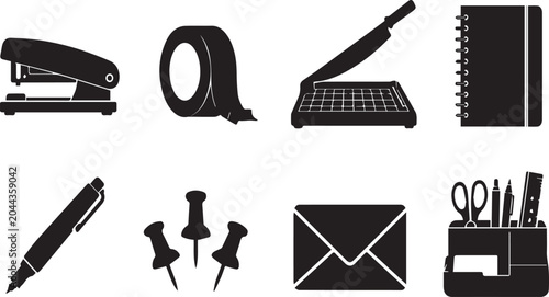 Tableau sur toile Professional Office Supplies and School Stationery Icon Set in Black Silhouette Style Including Stapler, Tape, Paper Cutter, Notebook, Pen, Push Pins, Envelope, and Desktop Organizer Tools