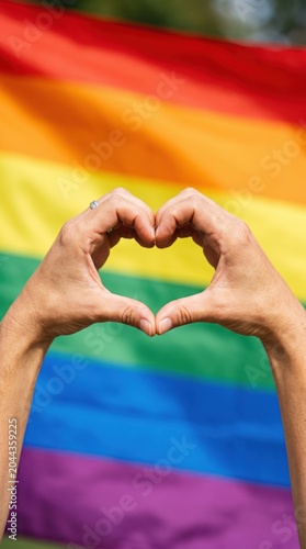 Hands forming heart shape in front of colorful rainbow pride flag during celebration event