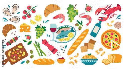 Schilderij op canvas Mediterranean food and gourmet cuisine illustration set.