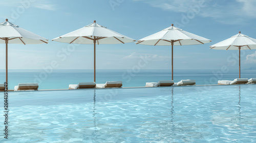 Crystal-clear infinity pool meets calm ocean horizon. White umbrellas line the pool's edge. Wooden loungers rest beneath each shade. Sky is soft blue, lightly clouded