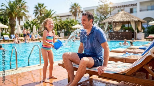 Father and daughter playfully splash water at poolside during summer vacation in resort