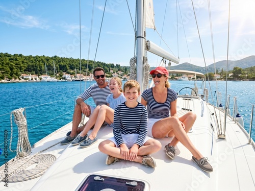 Family enjoying a sailing trip on a yacht in a scenic coastal setting with blue waters