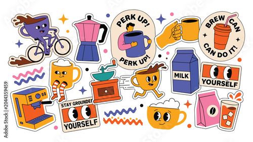 Photos Coffee shop sticker set with cute beverage icons flat art.