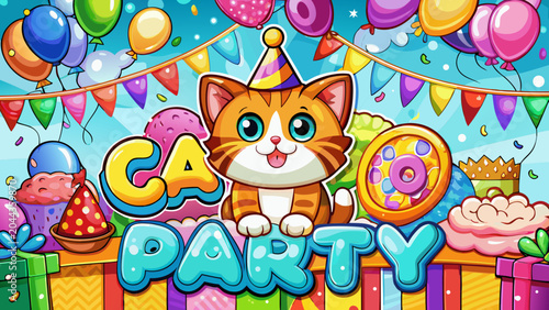 Colorful cat party, cartoon kitten celebration, festive birthday scene, party decorations