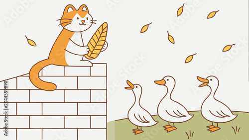 Cartoon cat, holding wheat, sitting on brick wall with geese, autumn leaves, vector illustration