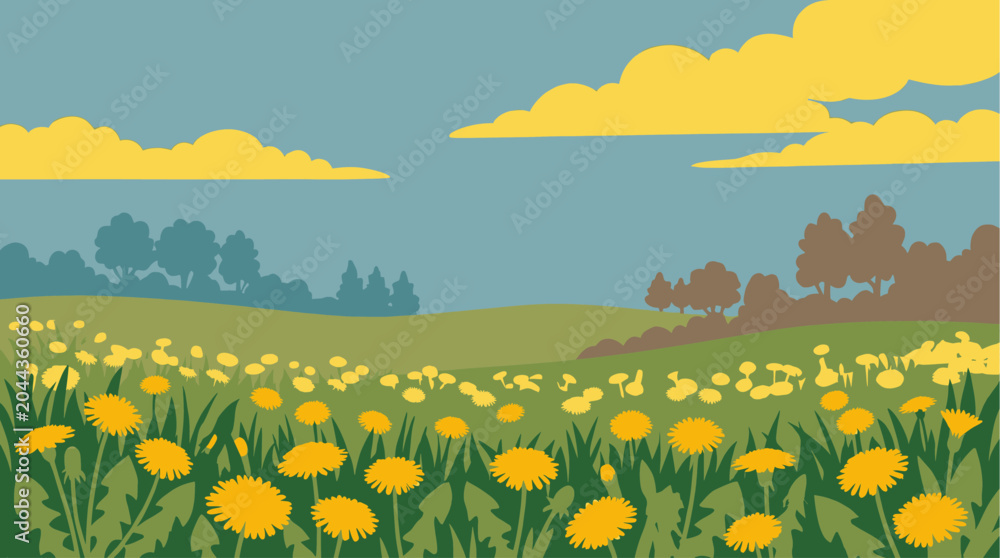 Obraz premium Vibrant yellow dandelions bloom abundantly in a lush green meadow under a clear blue sky with fluffy yellow clouds