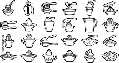 Fotografia Kitchen Food Citrus Juicer and Lemon Squeezer Appliances Vector Line Art Icon Set