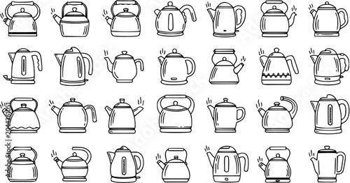 Tablou pe pânză Black and White Line Art Collection of Various Kettles, Kitchenware, Beverage Ap