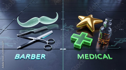 Barber tools and medical symbols sit arranged on a dark grid surface to illustrate the distinction between grooming services and healthcare professional practices in a clean conceptual composition.
