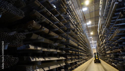 Foto A vast industrial warehouse interior with tall metal shelving racks filled with
