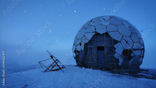Obraz na plátně A damaged geodesic dome structure on a snowy mountain peak during a blue hour tw