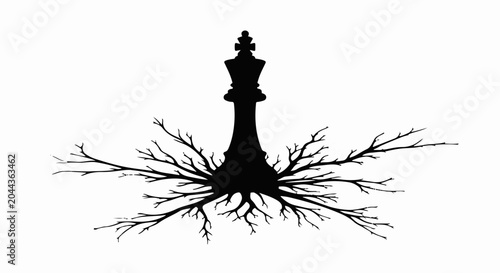 Silhouette of a chess king piece with strong, deep roots, symbolizing leadership and foundation.
