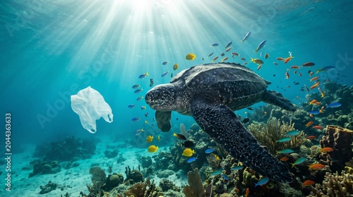 A majestic leatherback sea turtle navigates a vibrant coral reef, encountering a discarded plastic bag, highlighting environmental concerns