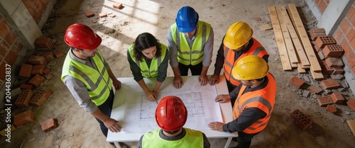 Architect and Construction Team Collaborating on Building Plans at a Work Site High Angle