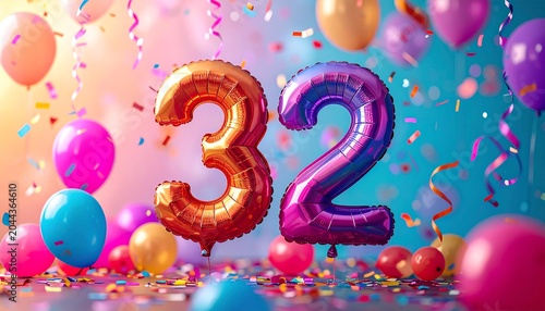 A vibrant celebration scene with balloons and confetti displays large purple and gold balloons shaped like the numbers 3 and 2.