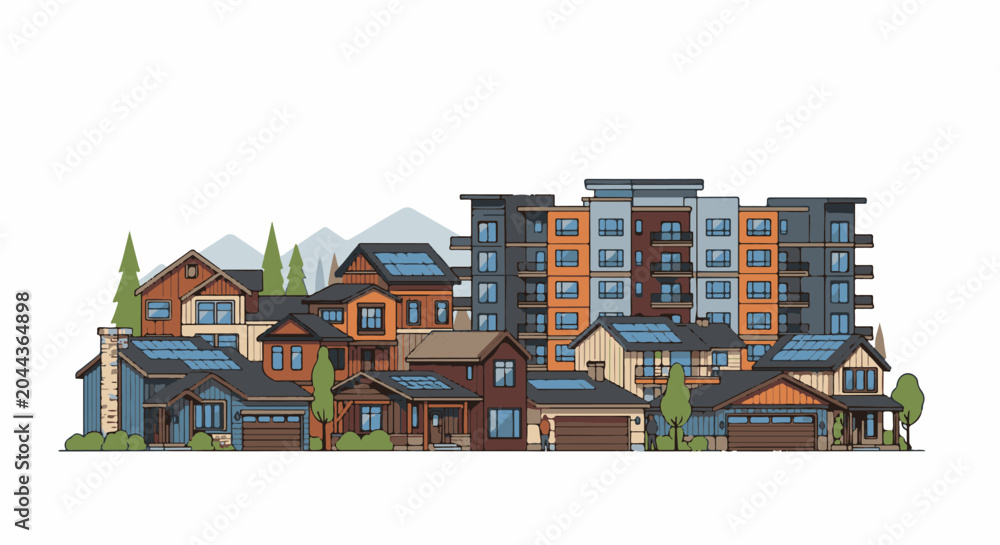 Fototapeta premium Diverse buildings houses with solar panels and apartment complex