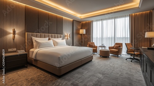 Luxury Modern Hotel Bedroom Interior with King Size Bed and Elegant Ambient Lighting